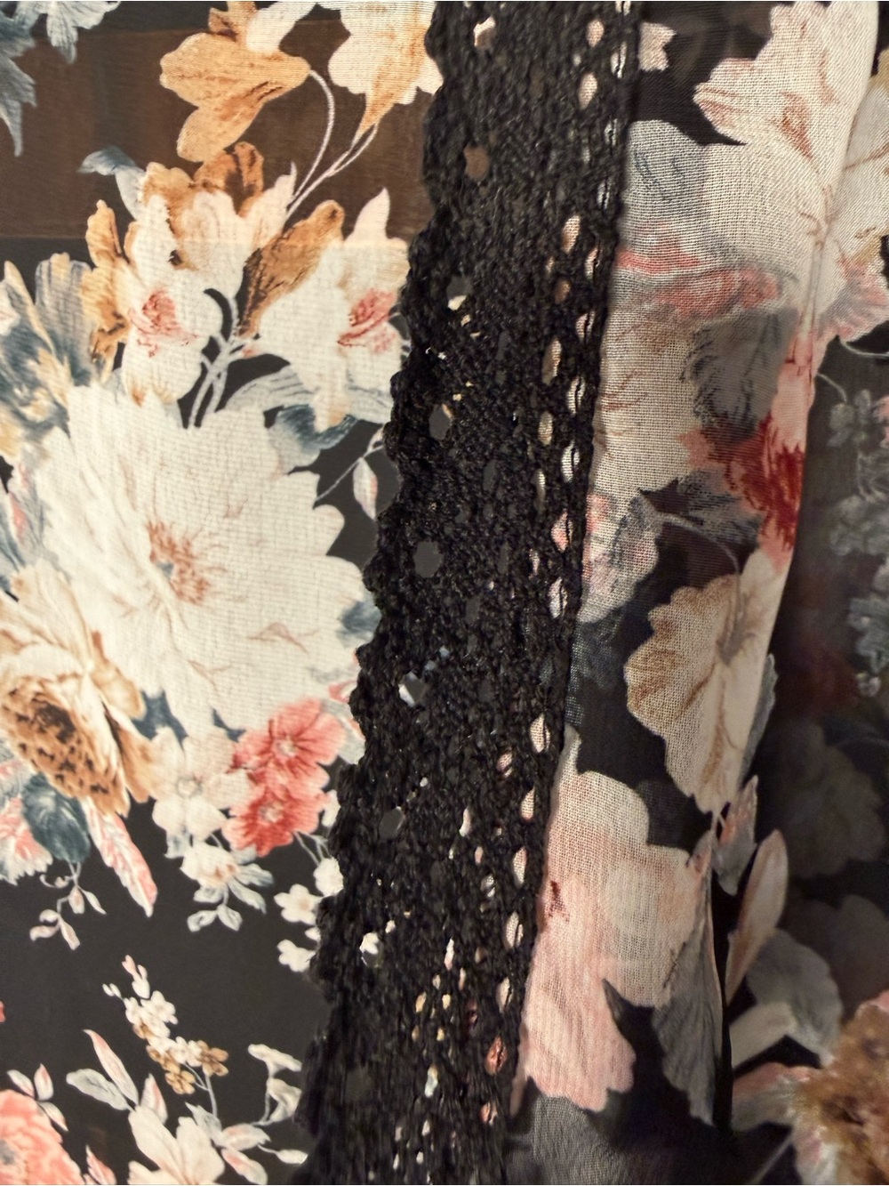 Black Floral Chiffon Kimono Cardigan | Lace Trim Open Front Boho Cover-Up - Picture 7 of 7